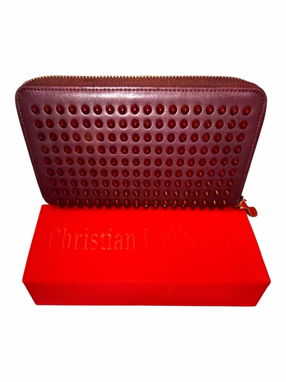 Christian Louboutin Panettone Burgundy Merlot Spiked Zip Wallet FULL SET